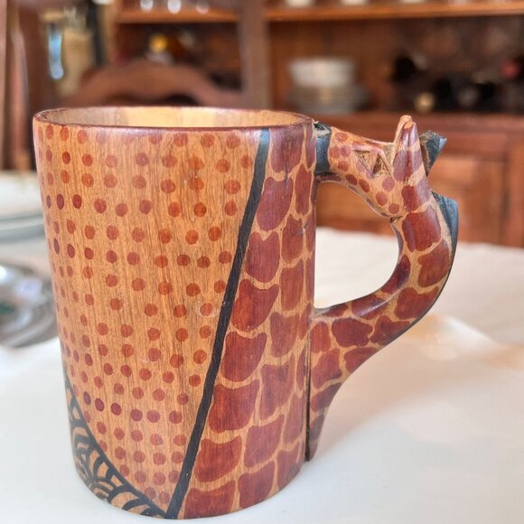Hand-Carved Wooden Mug With Giraffe Handle & Giraffe Print Design 4.5" Tall 2.7 - Picture 6 of 11